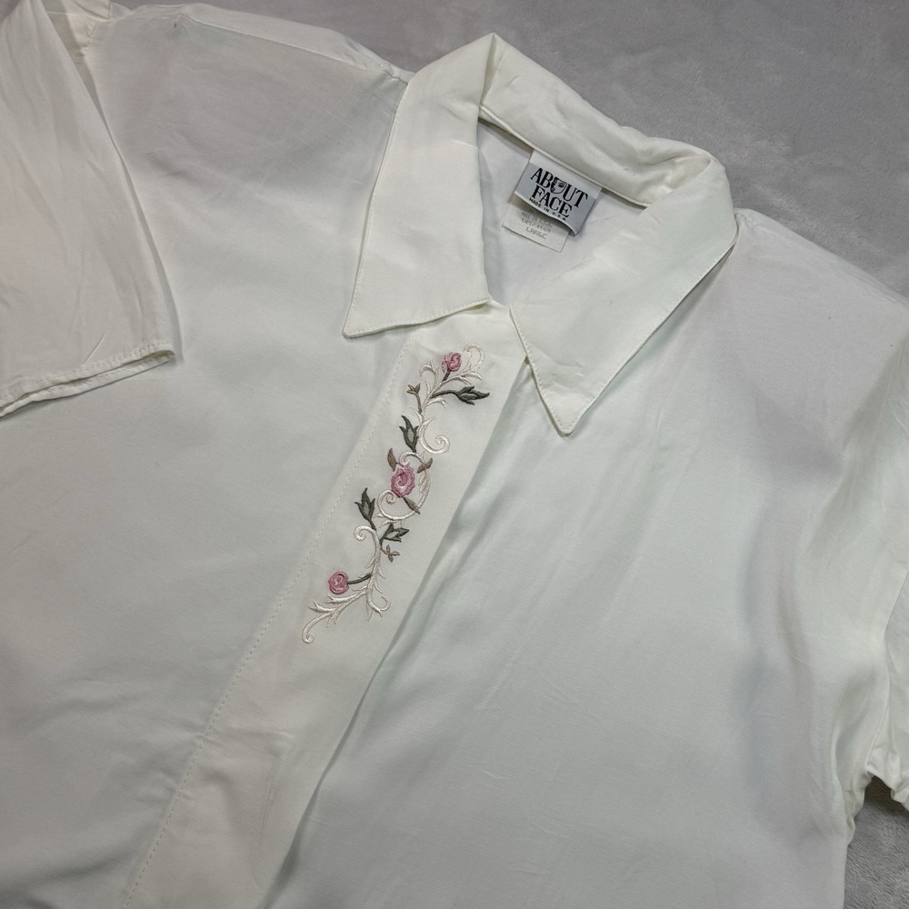 Vintage 90s About Face Womens Blouse L White Floral Embroidered Cottagecore USA